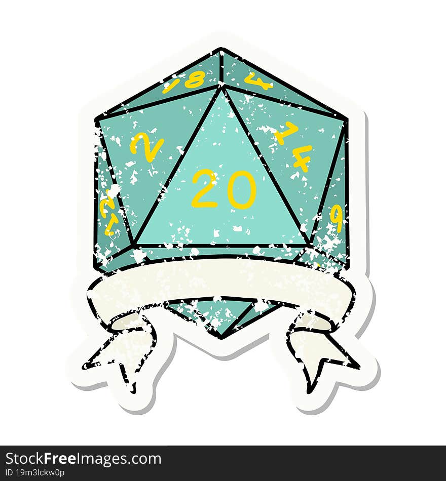 natural 20 critical hit D20 dice roll grunge sticker