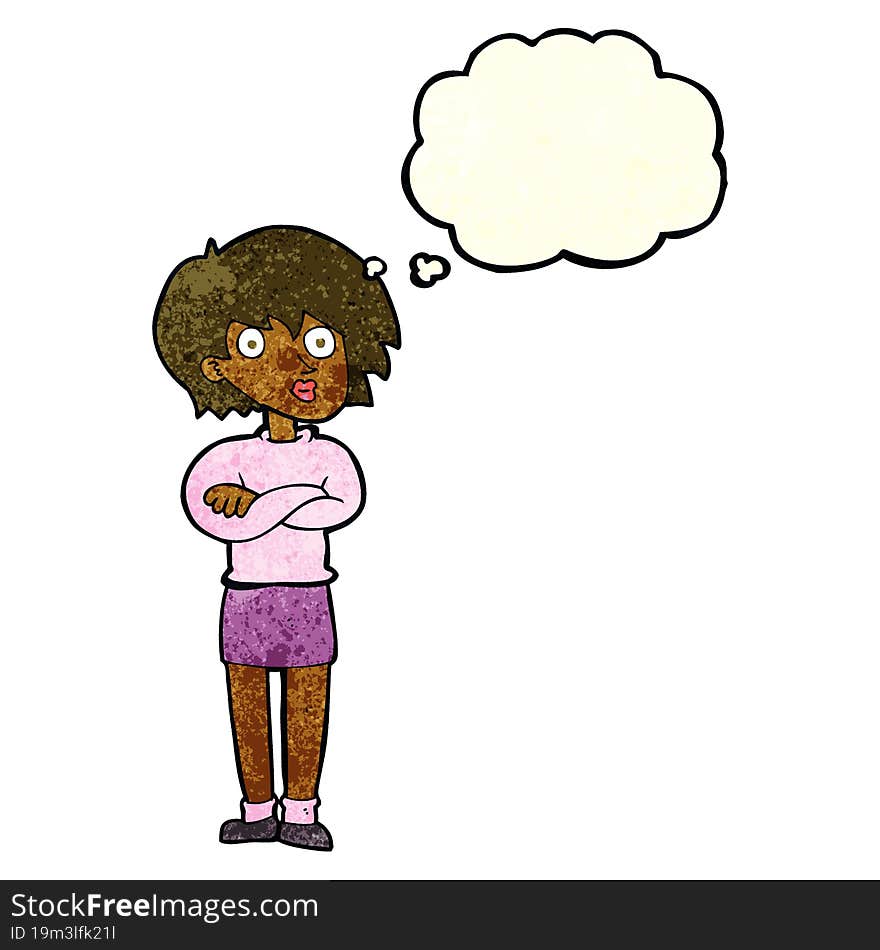 cartoon woman wit crossed arms with thought bubble