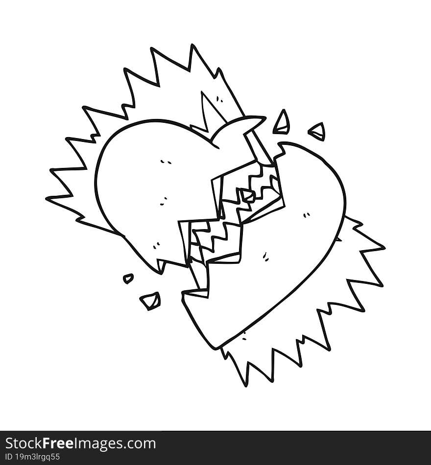 freehand drawn black and white cartoon broken heart