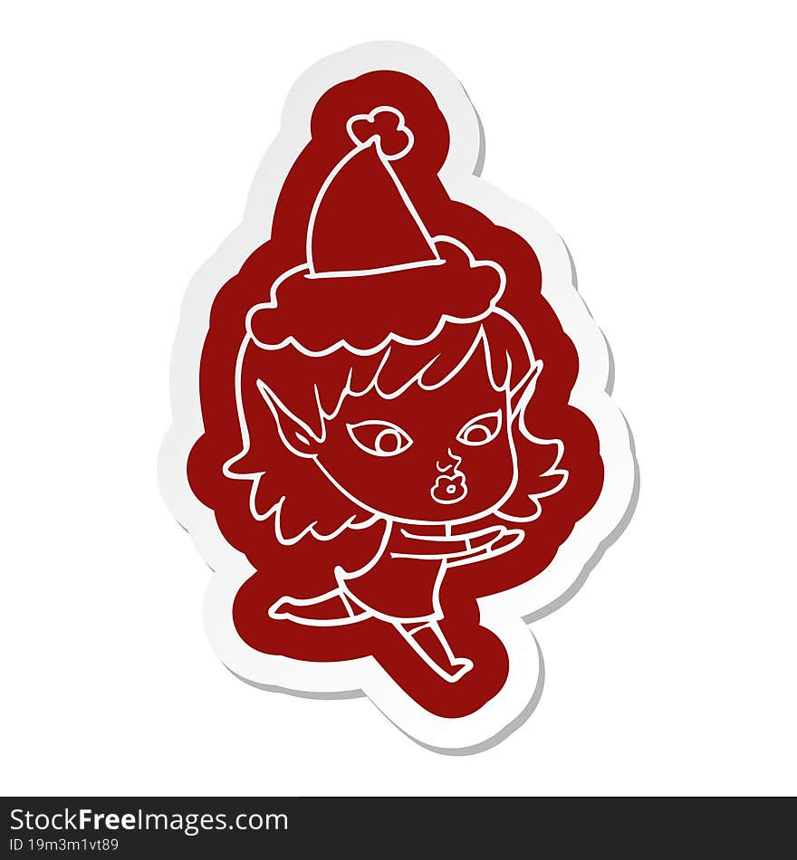 pretty cartoon  sticker of a elf girl wearing santa hat