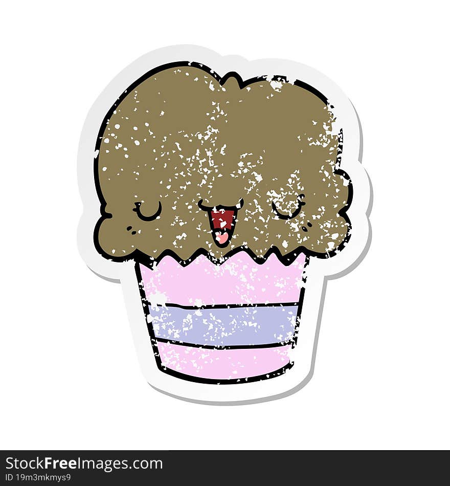 Distressed Sticker Of A Cartoon Cupcake With Face