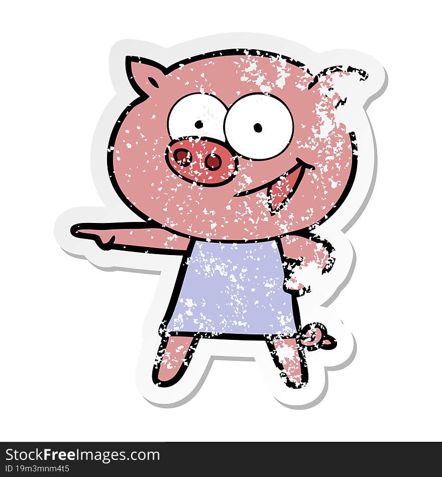 distressed sticker of a cheerful pig in dress pointing cartoon