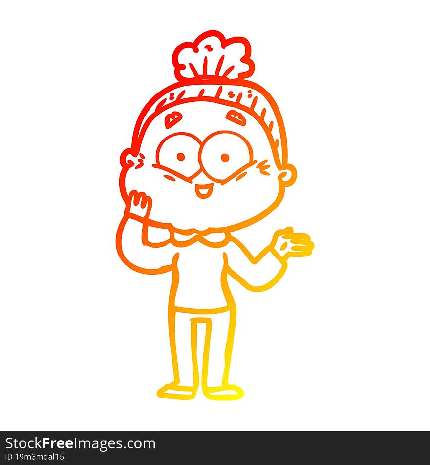 warm gradient line drawing of a cartoon happy old woman