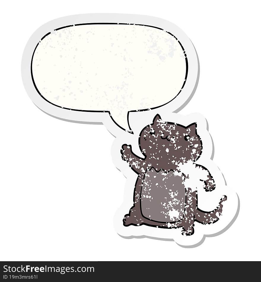 Cartoon Cat And Speech Bubble Distressed Sticker