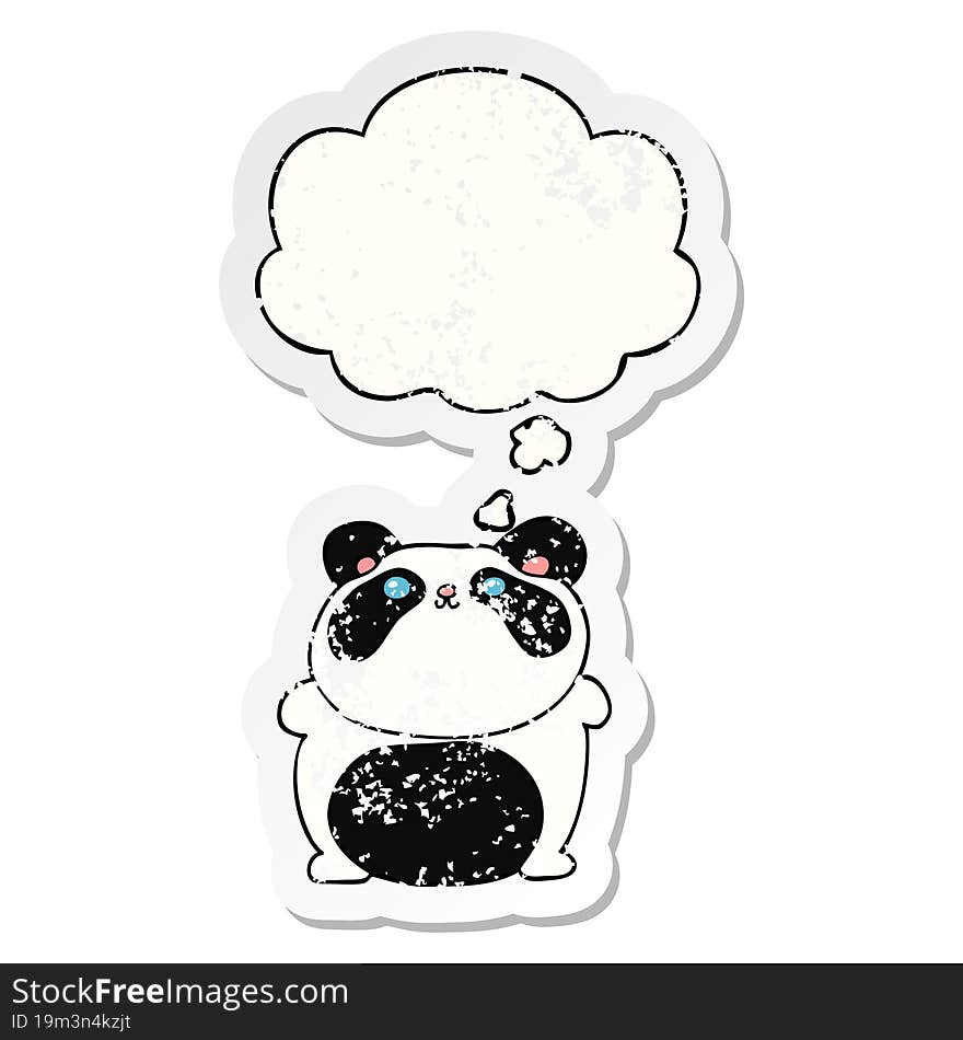 cartoon panda and thought bubble as a distressed worn sticker