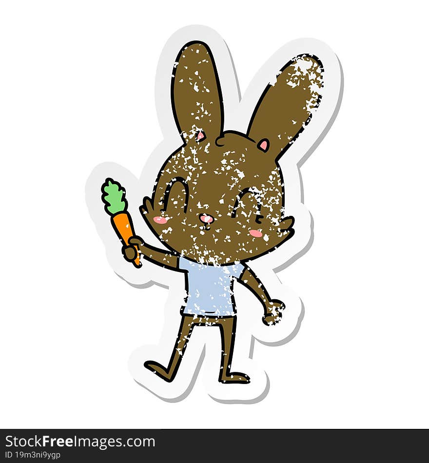 Distressed Sticker Of A Cute Cartoon Rabbit With Carrot