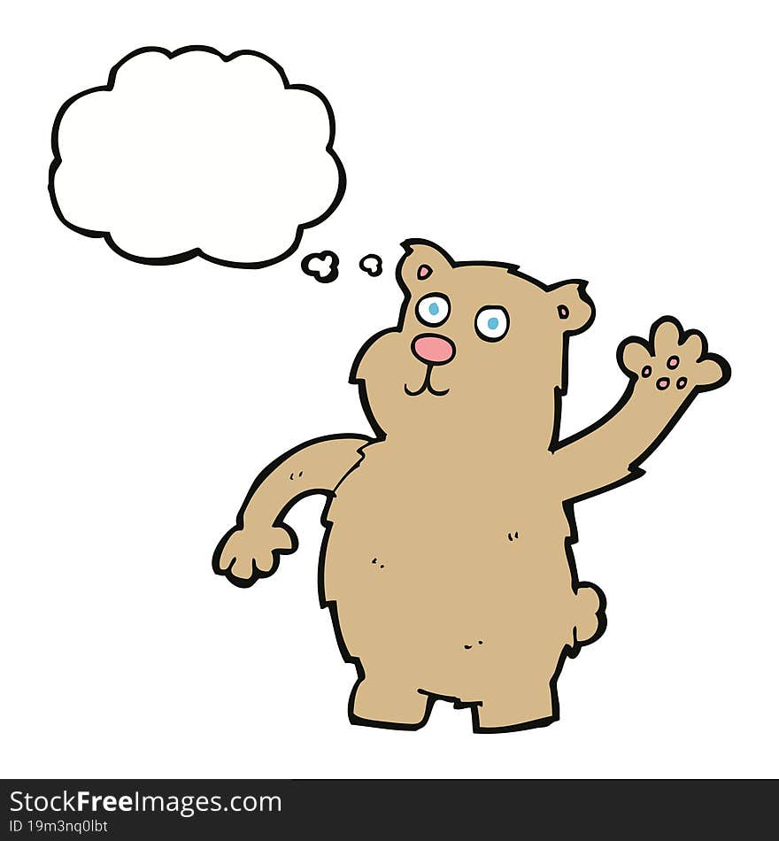 cartoon waving bear with thought bubble