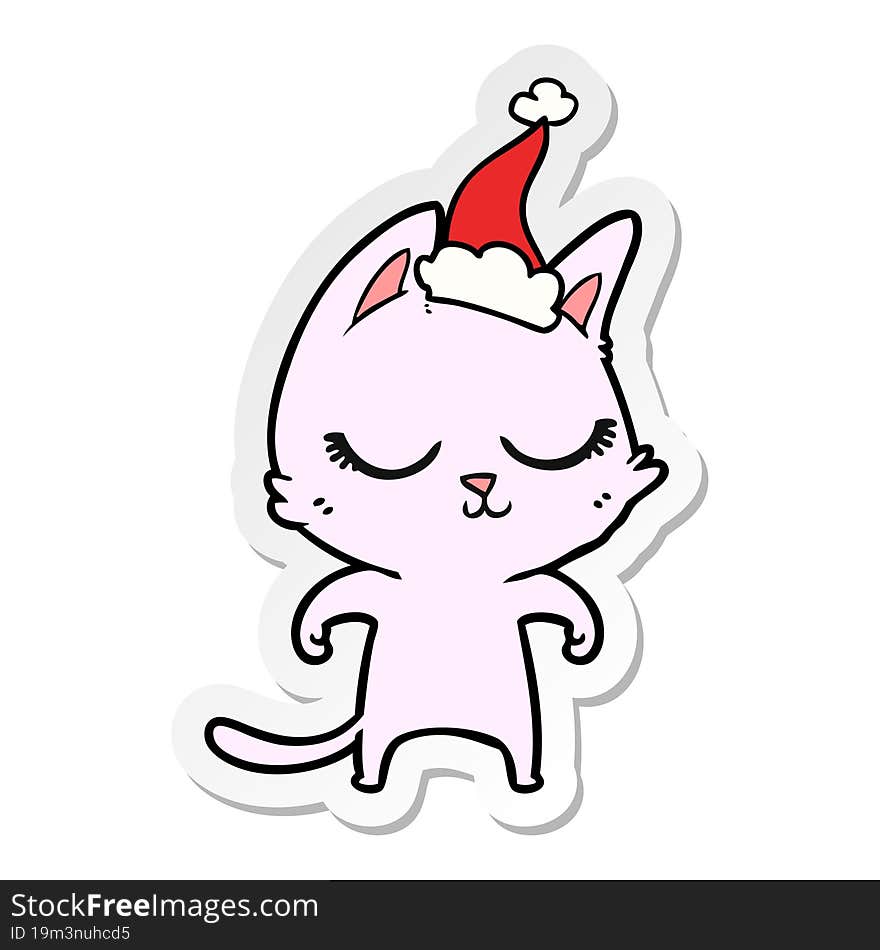 calm sticker cartoon of a cat wearing santa hat