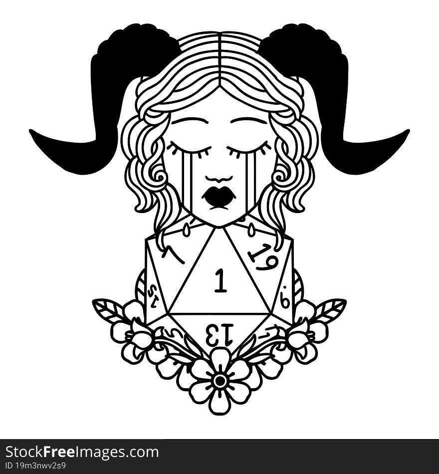 Black and White Tattoo linework Style crying tiefling with natural one D20 dice roll. Black and White Tattoo linework Style crying tiefling with natural one D20 dice roll