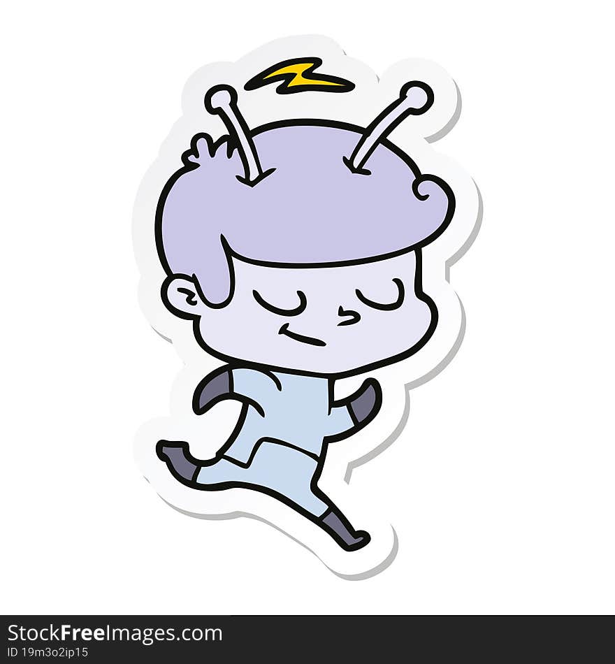 Sticker Of A Friendly Cartoon Spaceman Running