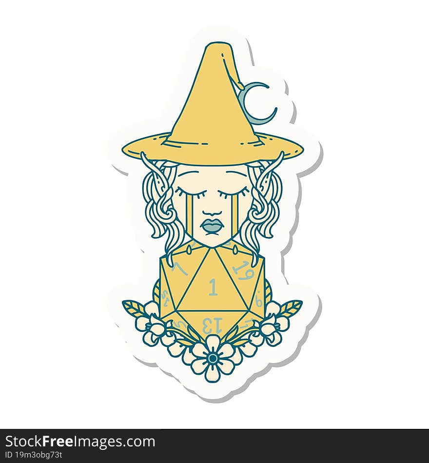 crying elf witch with natural one D20 roll sticker