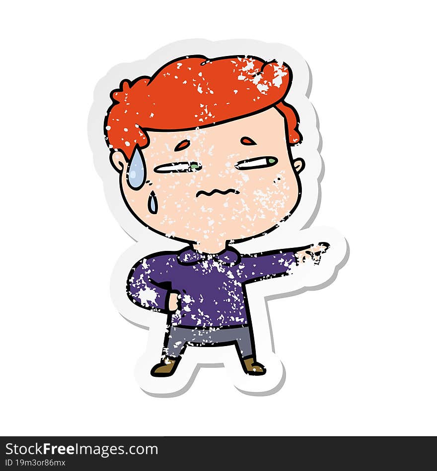 Distressed Sticker Of A Cartoon Anxious Man Pointing