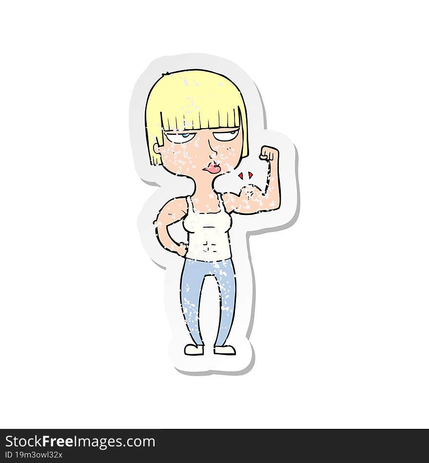 Retro Distressed Sticker Of A Cartoon Gym Woman