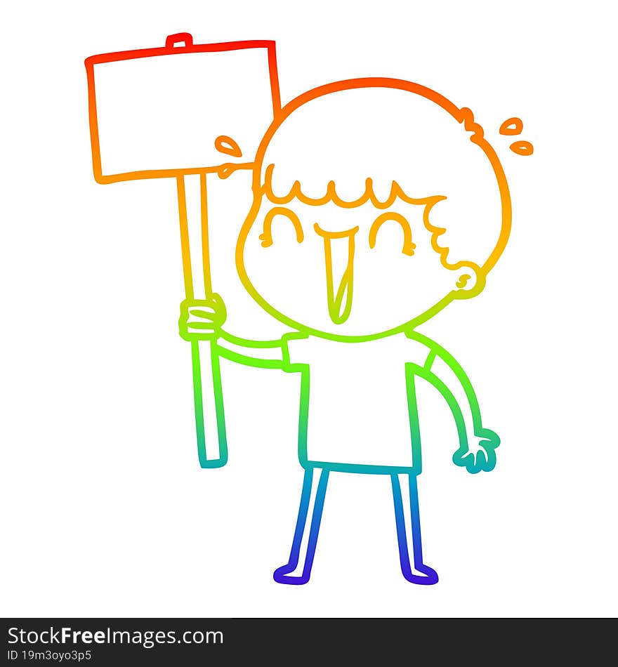 rainbow gradient line drawing of a laughing cartoon man waving placard