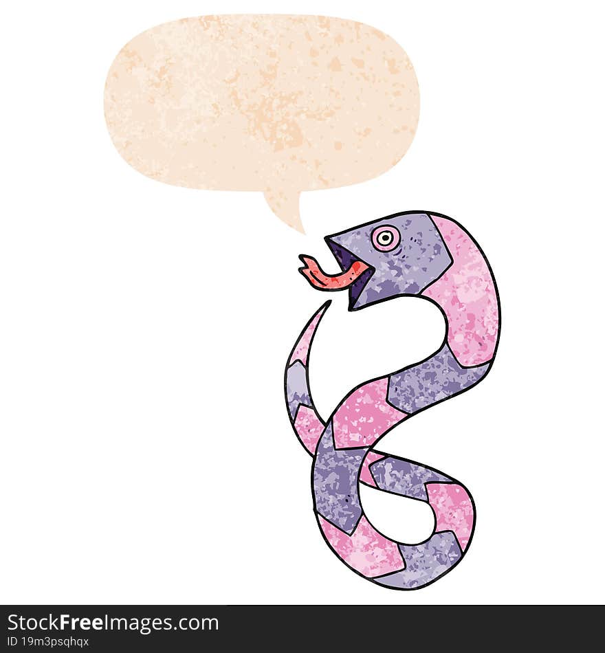 cartoon snake and speech bubble in retro textured style