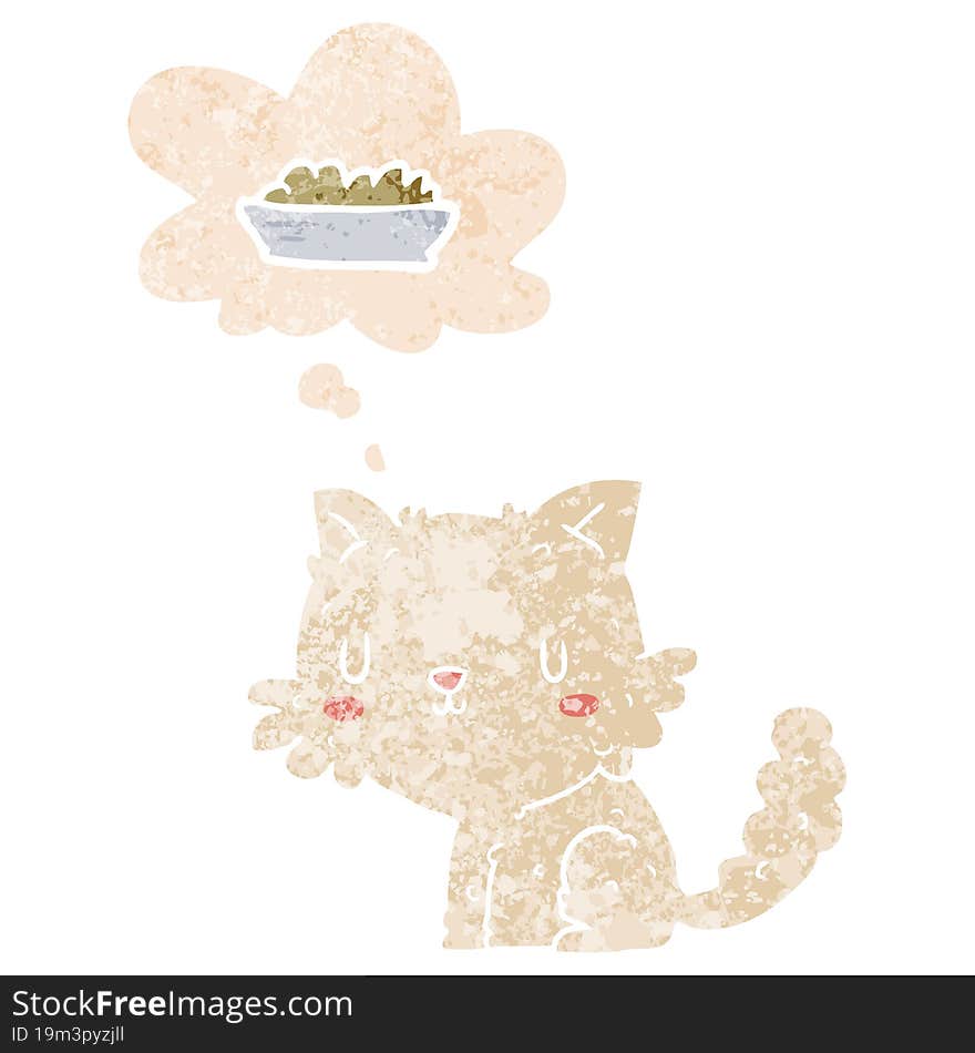 cartoon cat and food and thought bubble in retro textured style