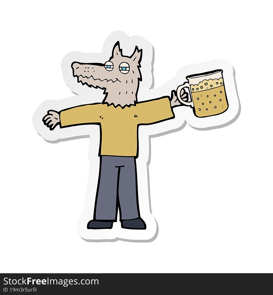 Sticker Of A Cartoon Wolf Man Drinking Beer