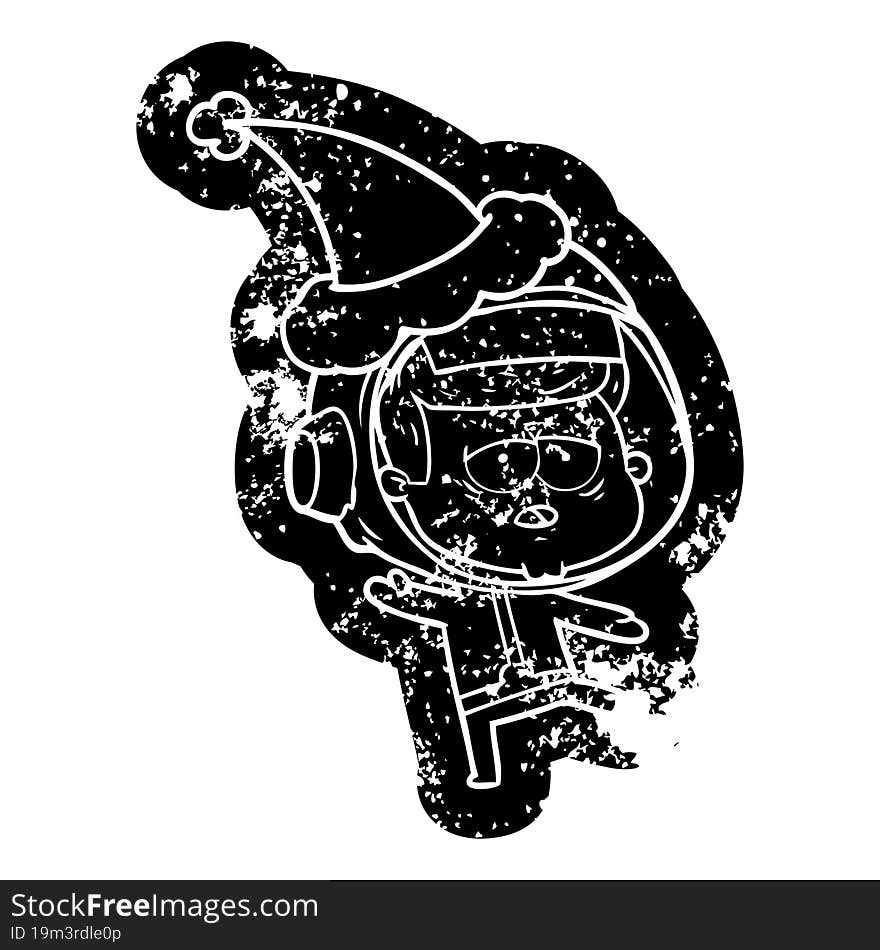 Cartoon Distressed Icon Of A Tired Astronaut Wearing Santa Hat