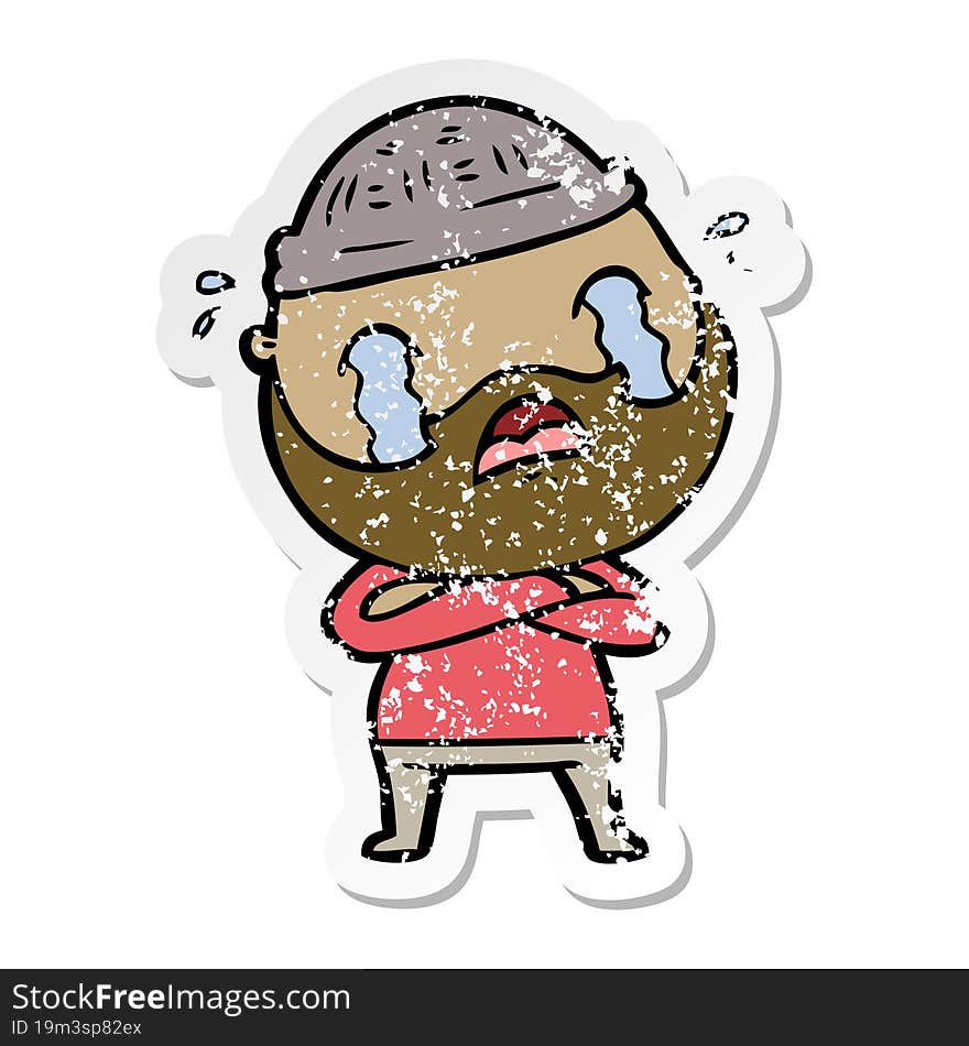 distressed sticker of a cartoon bearded man crying