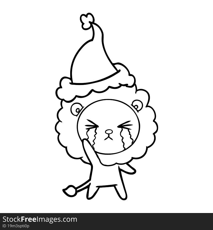 line drawing of a crying lion wearing santa hat