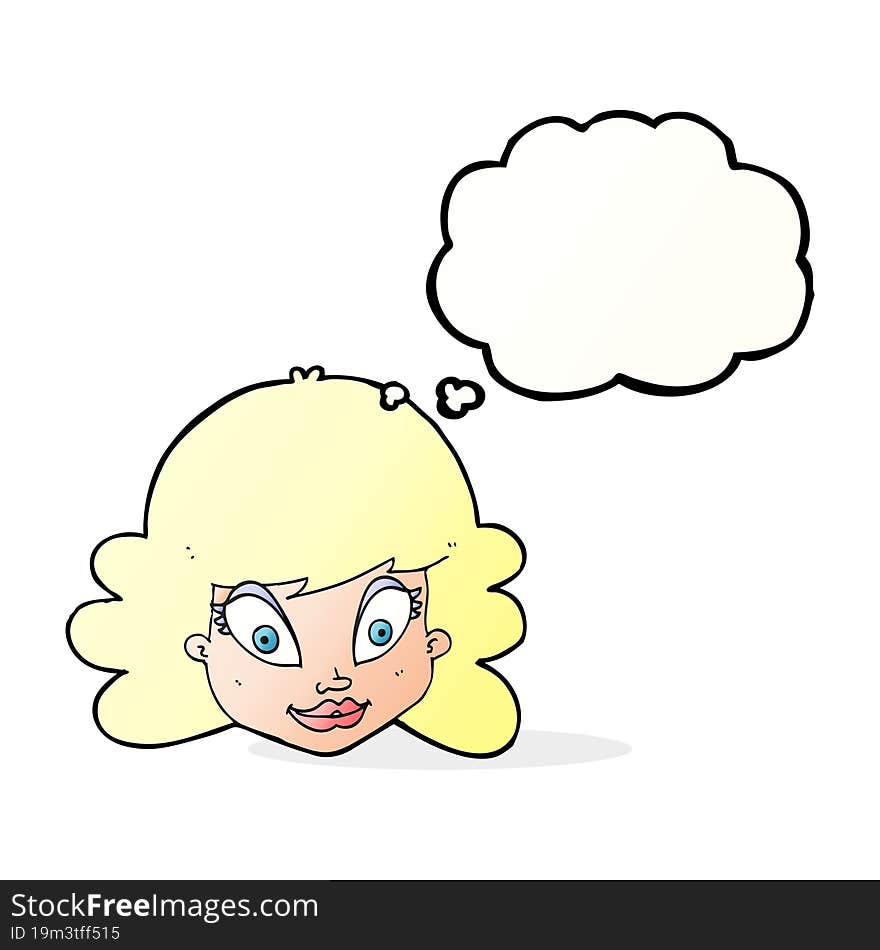 cartoon happy female face with thought bubble