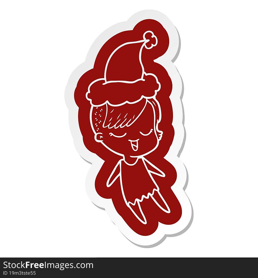 Happy Cartoon  Sticker Of A Girl Wearing Santa Hat