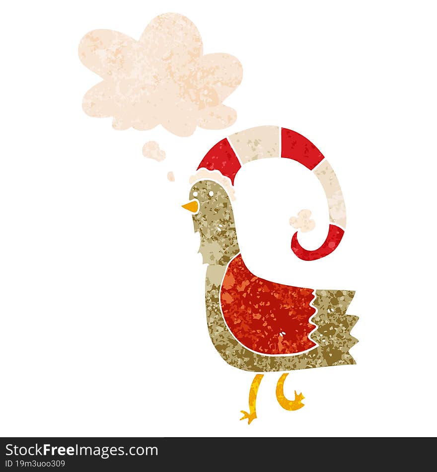 Cartoon Chicken In Funny Christmas Hat And Thought Bubble In Retro Textured Style