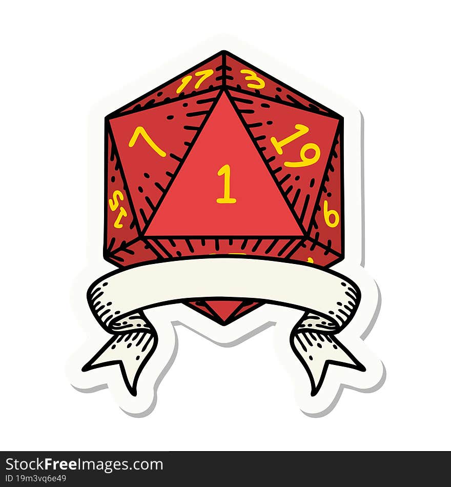 sticker of a natural one d20 dice roll. sticker of a natural one d20 dice roll