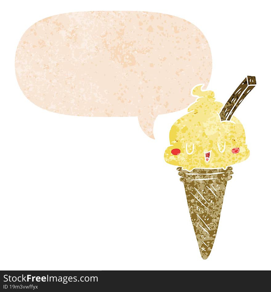 cute cartoon ice cream and speech bubble in retro textured style