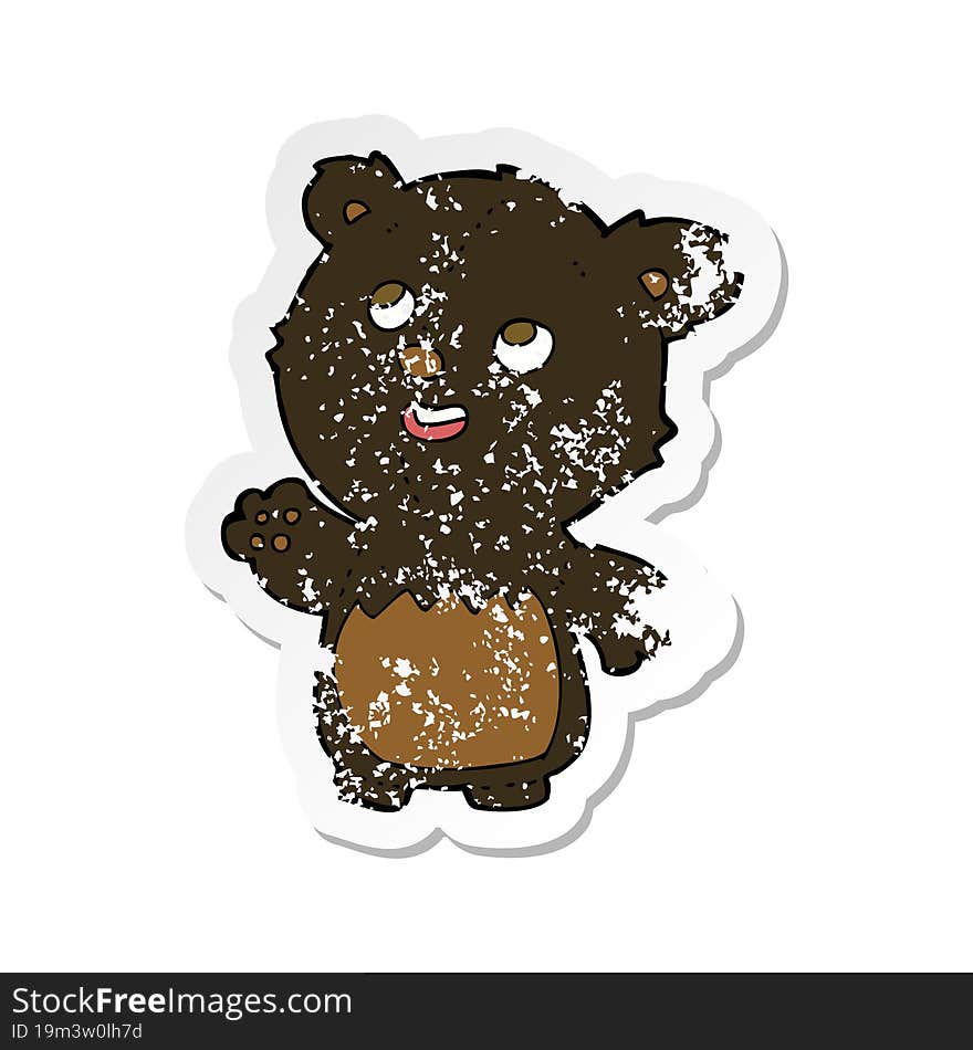 retro distressed sticker of a cartoon happy little teddy black bear