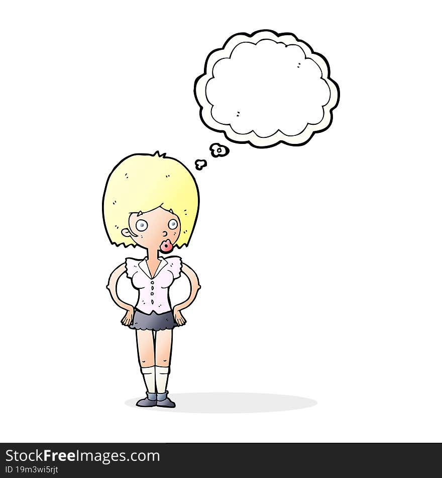 cartoon woman with hands on hips with thought bubble