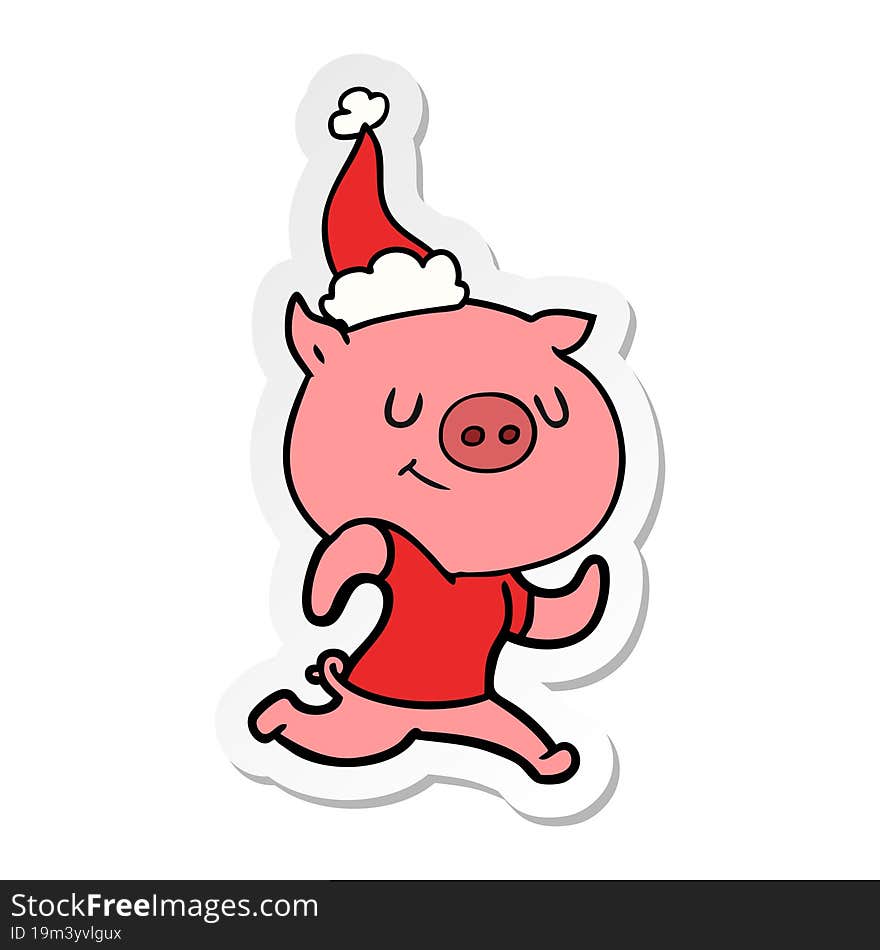 happy sticker cartoon of a pig running wearing santa hat