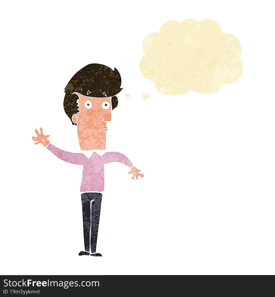 cartoon nervous man waving with thought bubble