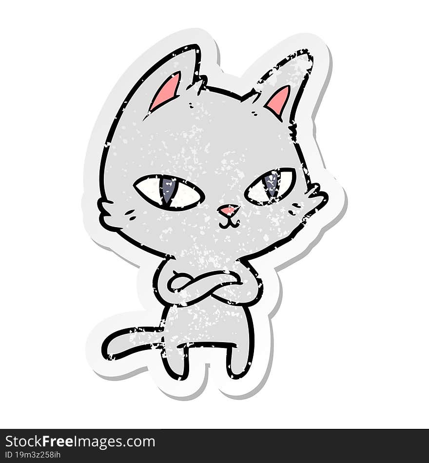 distressed sticker of a cartoon cat staring