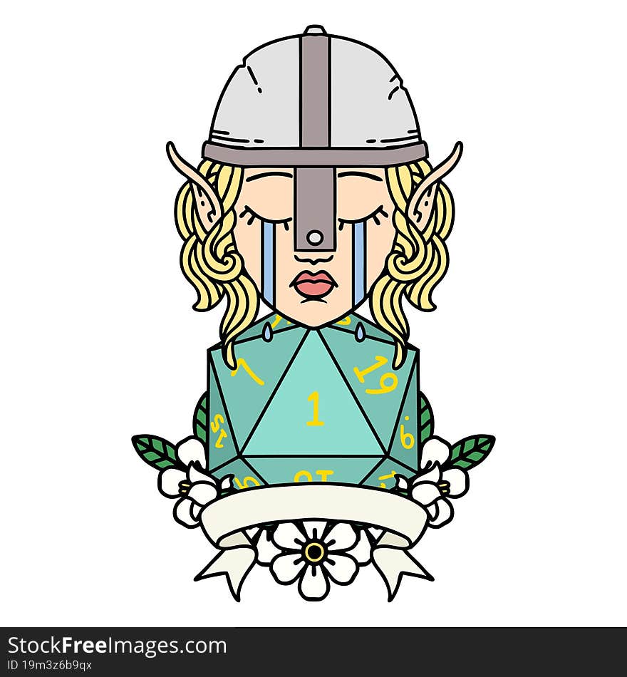 crying elf fighter character face with natural one D20 roll illustration