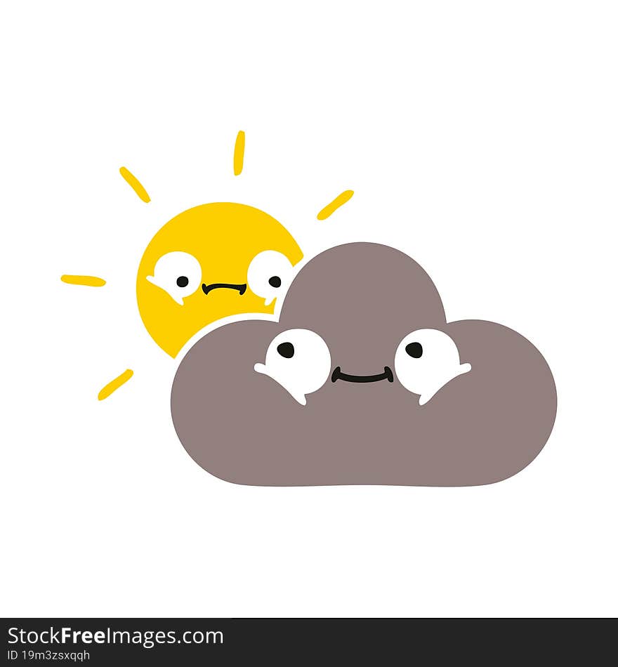 flat color retro cartoon storm cloud and sun