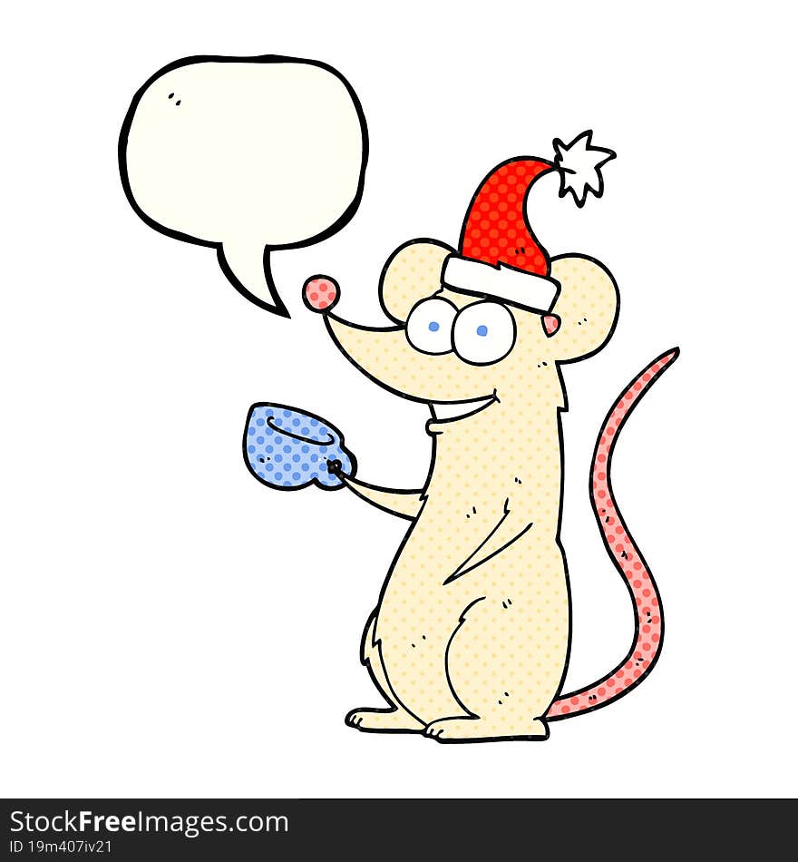 freehand drawn comic book speech bubble cartoon mouse wearing christmas hat