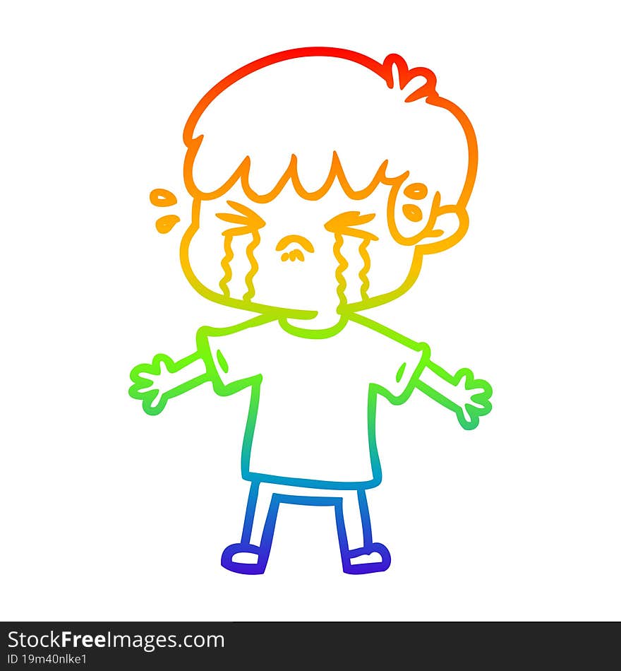 rainbow gradient line drawing of a cartoon boy crying