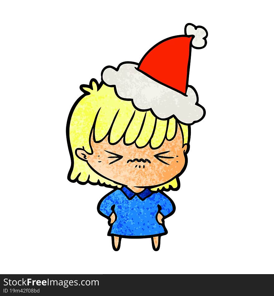 annoyed textured cartoon of a girl wearing santa hat