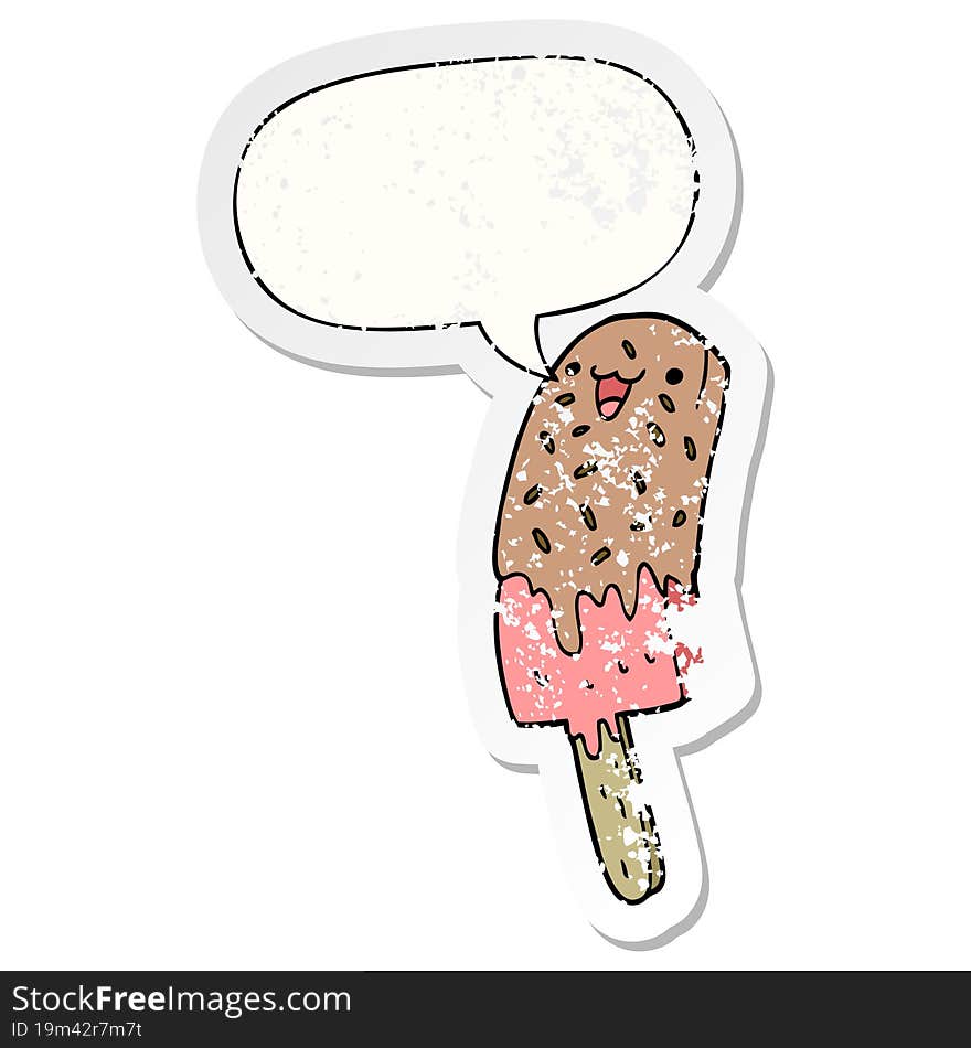 Cute Cartoon Happy Ice Lolly And Speech Bubble Distressed Sticker