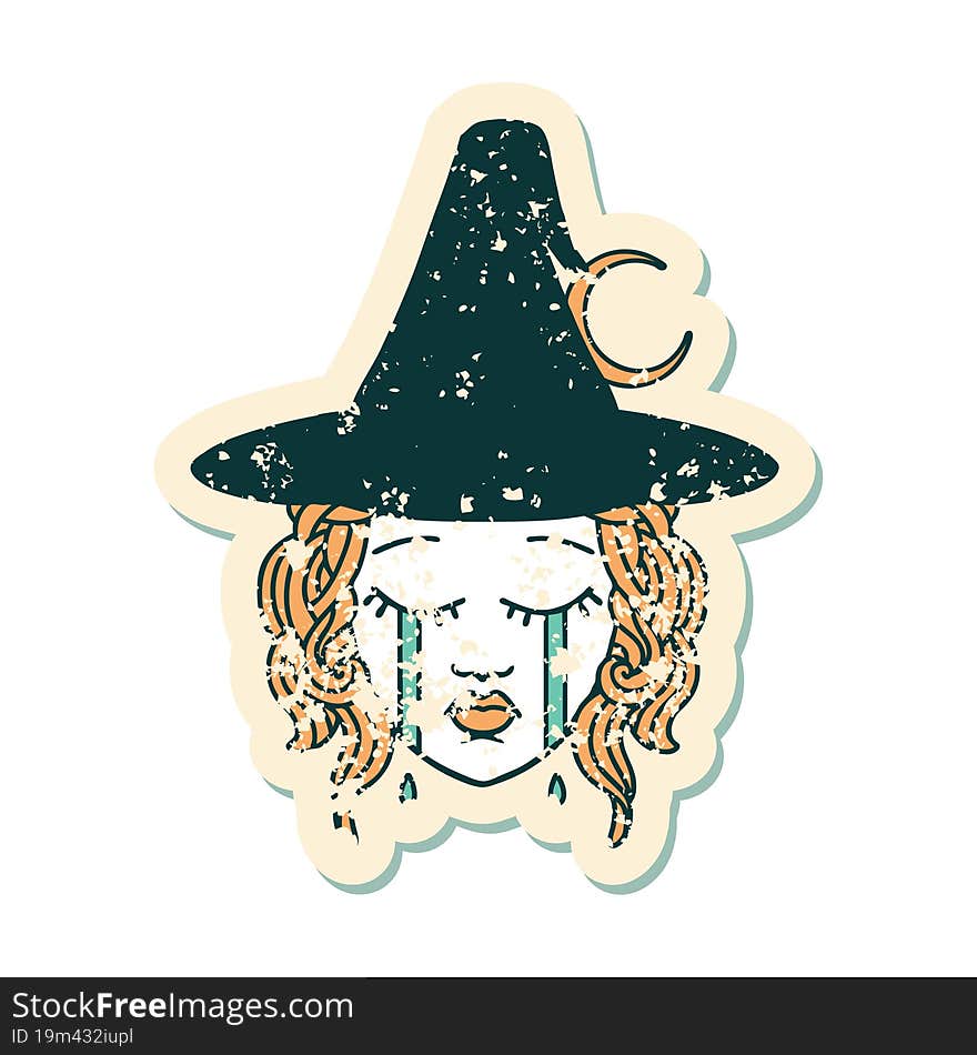 grunge sticker of a crying human witch character. grunge sticker of a crying human witch character