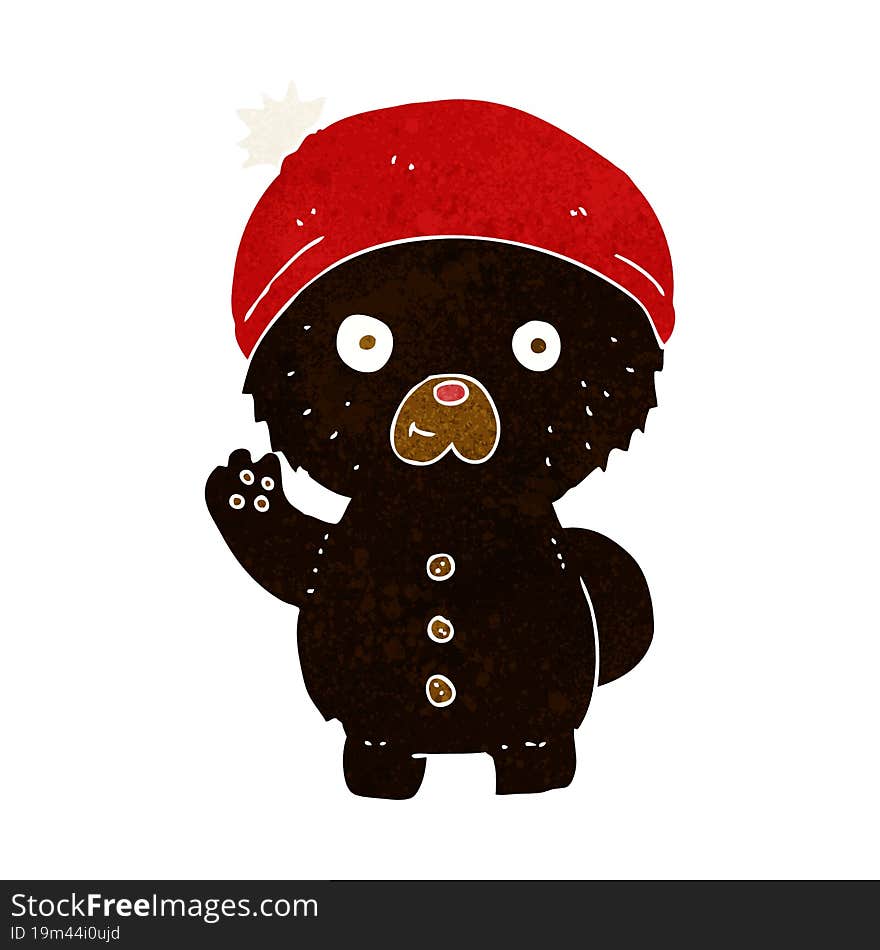 cartoon waving black teddy bear in winter hat