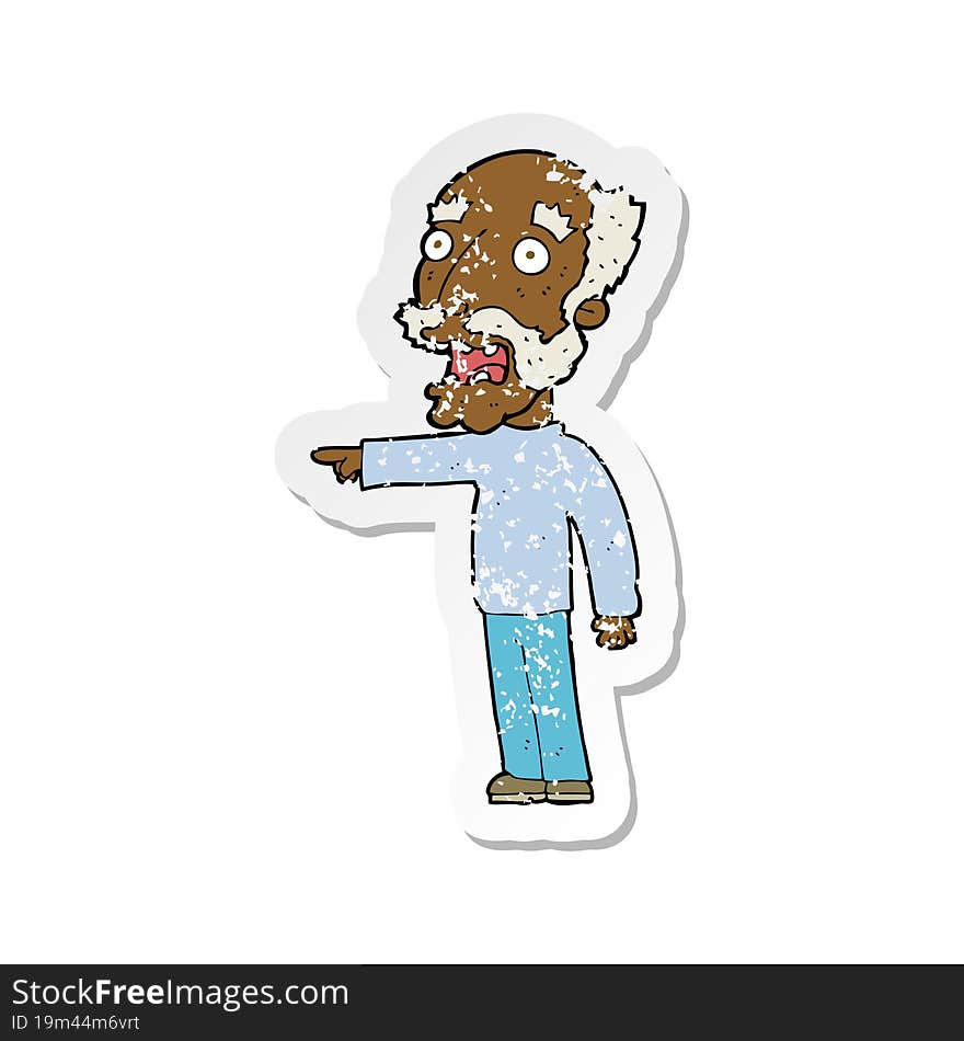 retro distressed sticker of a cartoon scared old man pointing