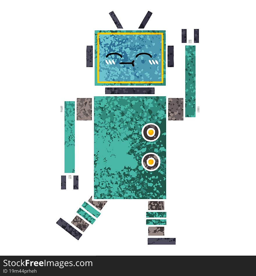 retro illustration style cartoon happy robot