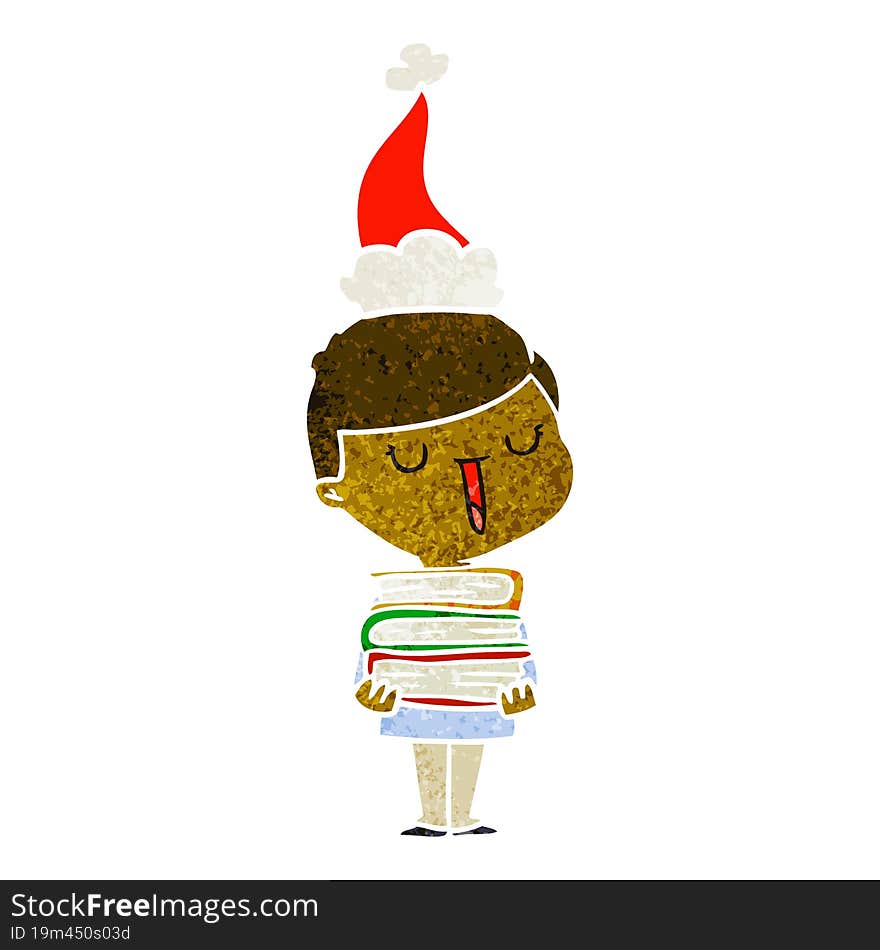 retro cartoon of a happy boy with stack of books wearing santa hat