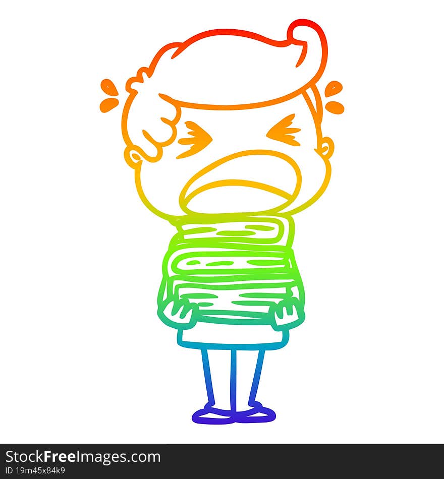 rainbow gradient line drawing of a cartoon shouting man with stack of books