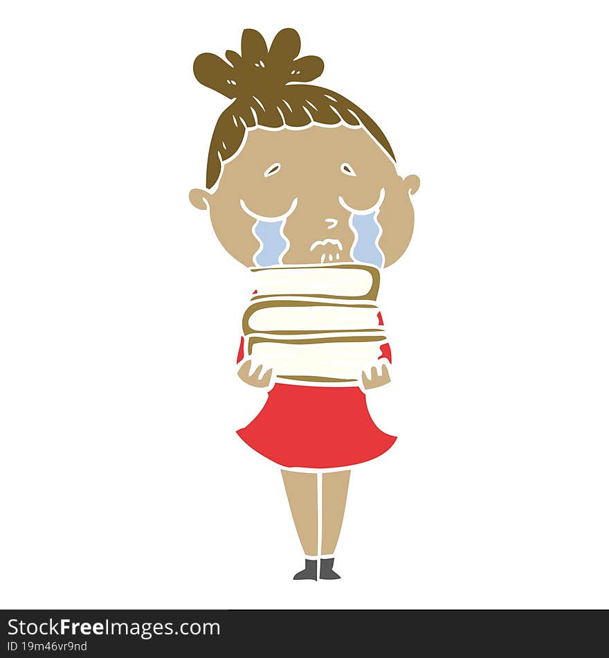 Flat Color Style Cartoon Crying Woman With Stack Of Books