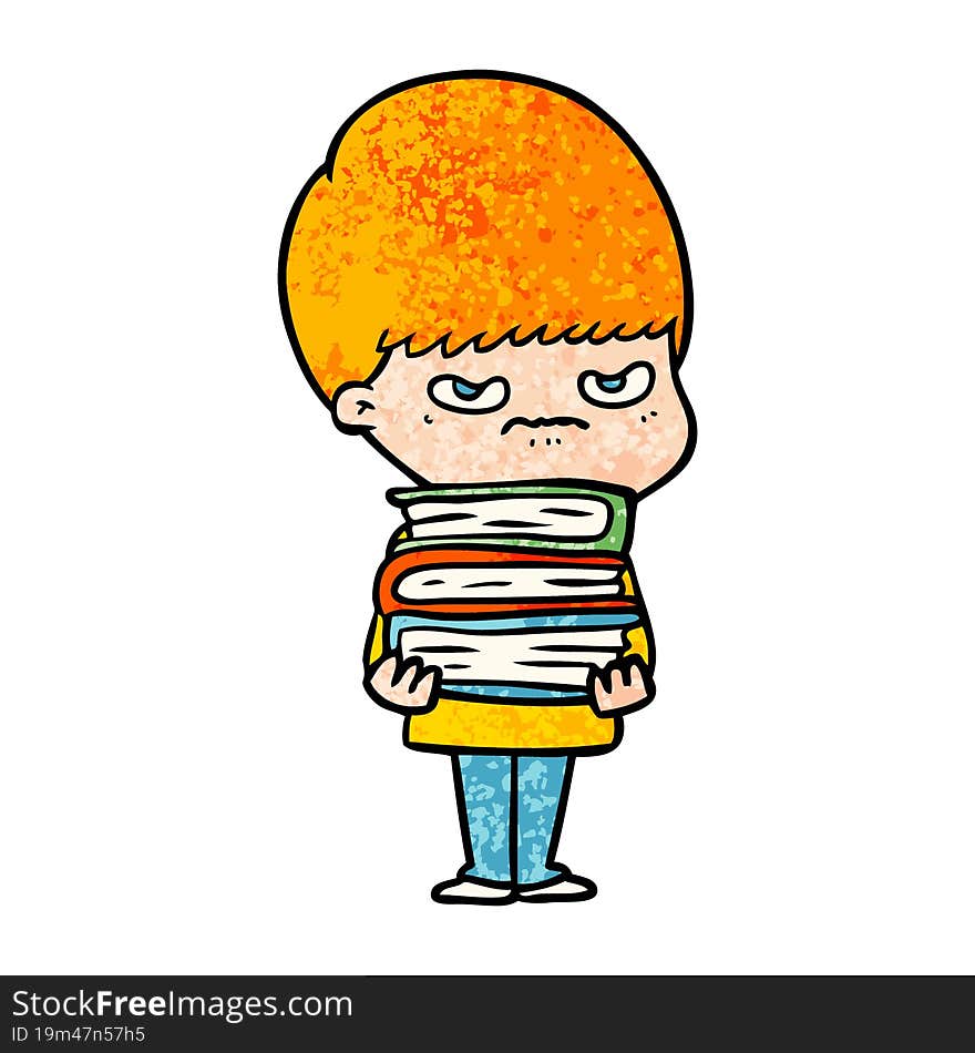 angry cartoon boy with books. angry cartoon boy with books