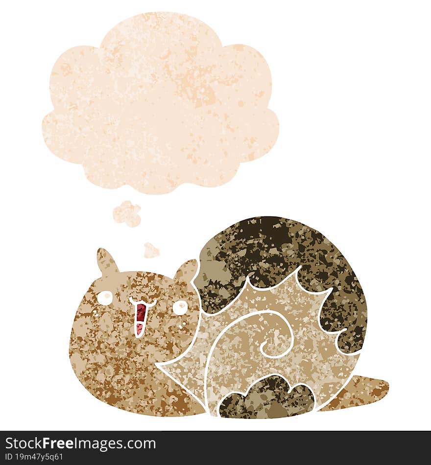 cute cartoon snail and thought bubble in retro textured style