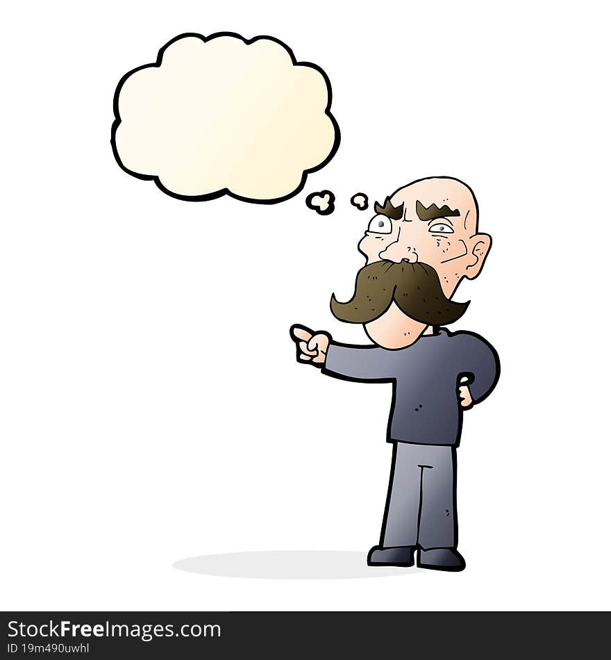 cartoon annoyed old man pointing with thought bubble